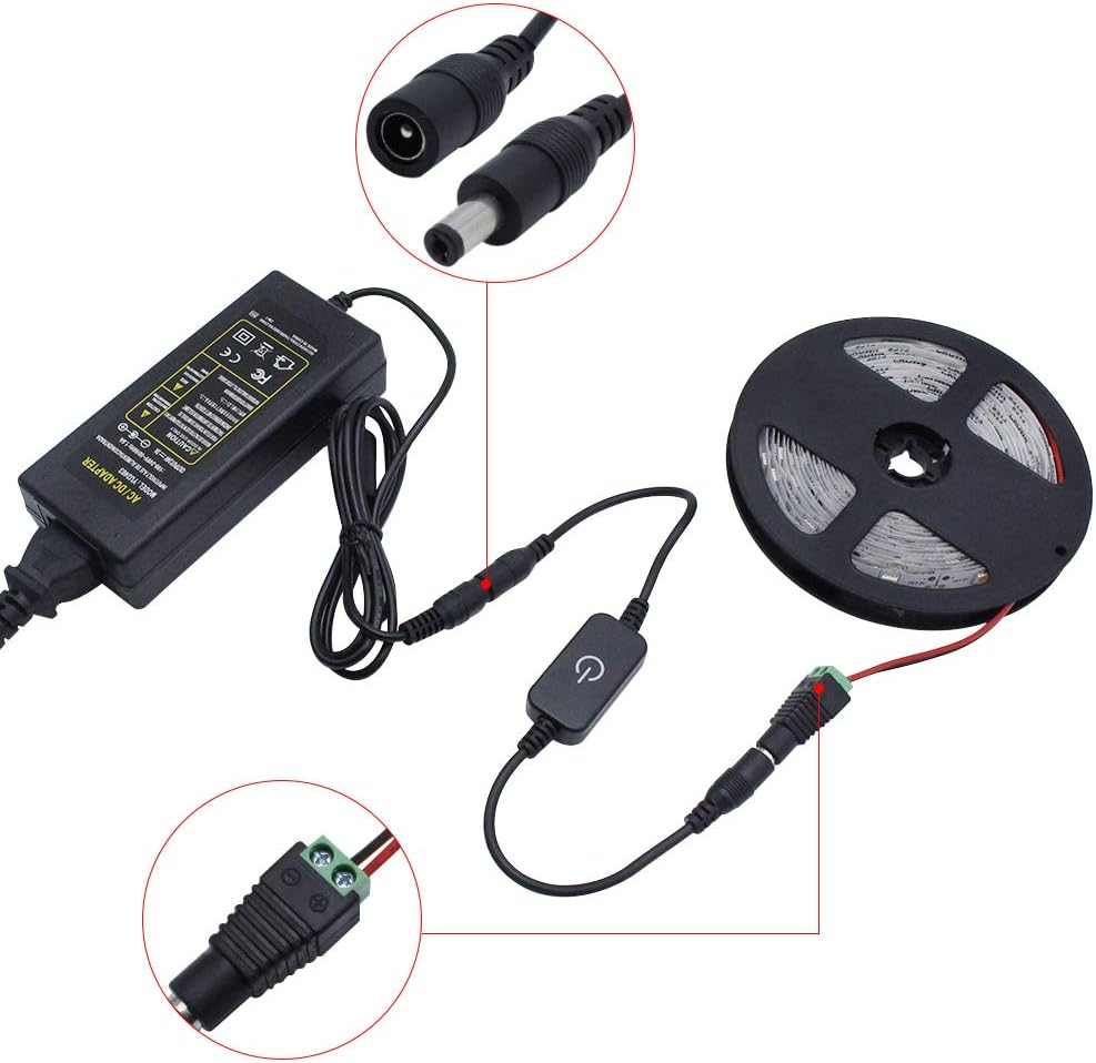 2 Pack Mini LED Touch Dimmer Switch, DC 12V 2A with DC Female Barrel Connector to Screw Adapter for Single Color 3528 5050 LED Strip Light: Industrial & Scientific