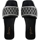 GORGLITTER Women's Pearls Sandals Rhinestone Flat Sandals Dressy Open Toe Slide Sandals