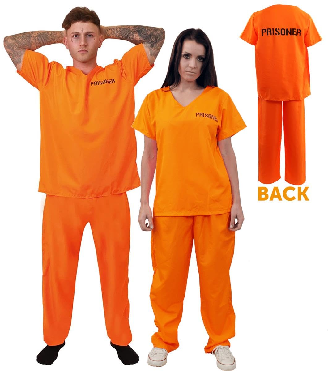 Mens Prisoners Convict Costume - Large - Orange Prisoner Top, Matching Orange Trousers – Cops & Robbers Halloween Fancy Dress Costume