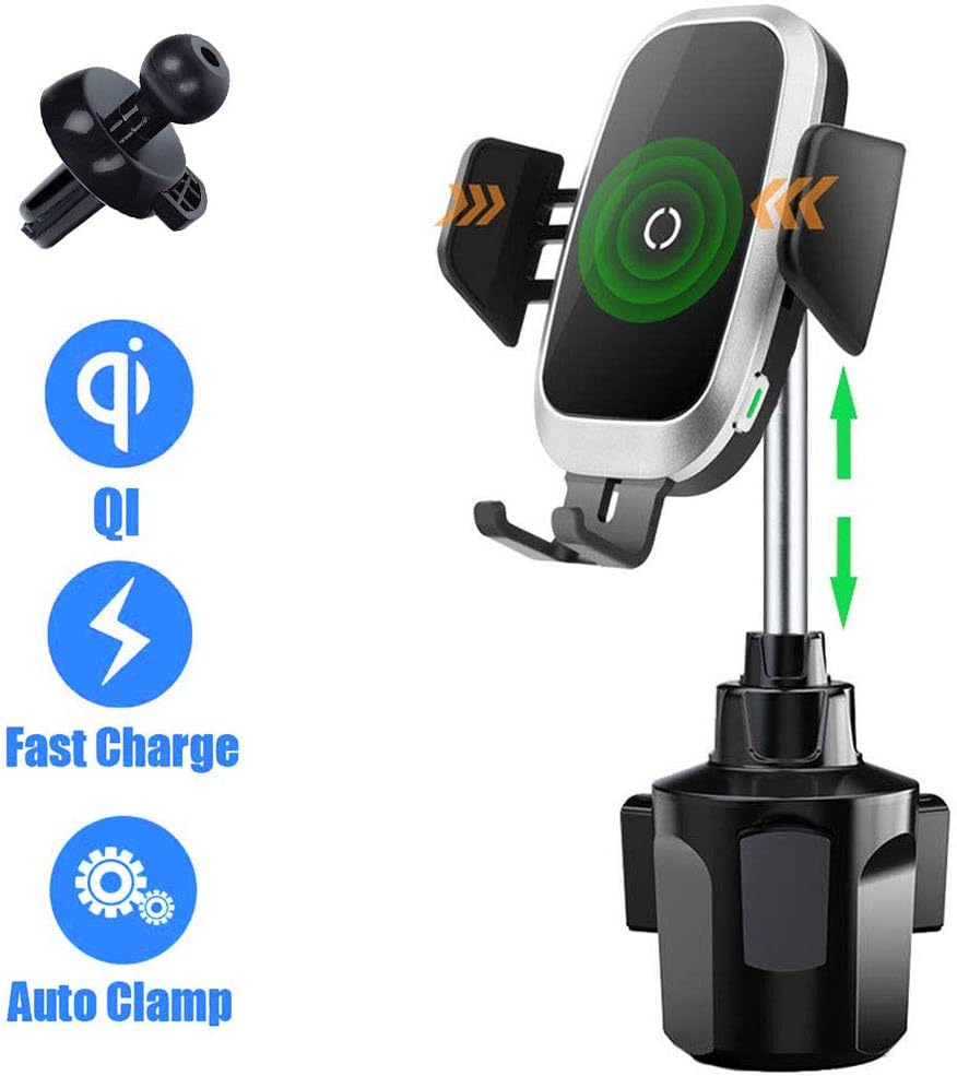 Cup Holder Phone Mount Wireless Car Charger, Auto Clamping QI Fast