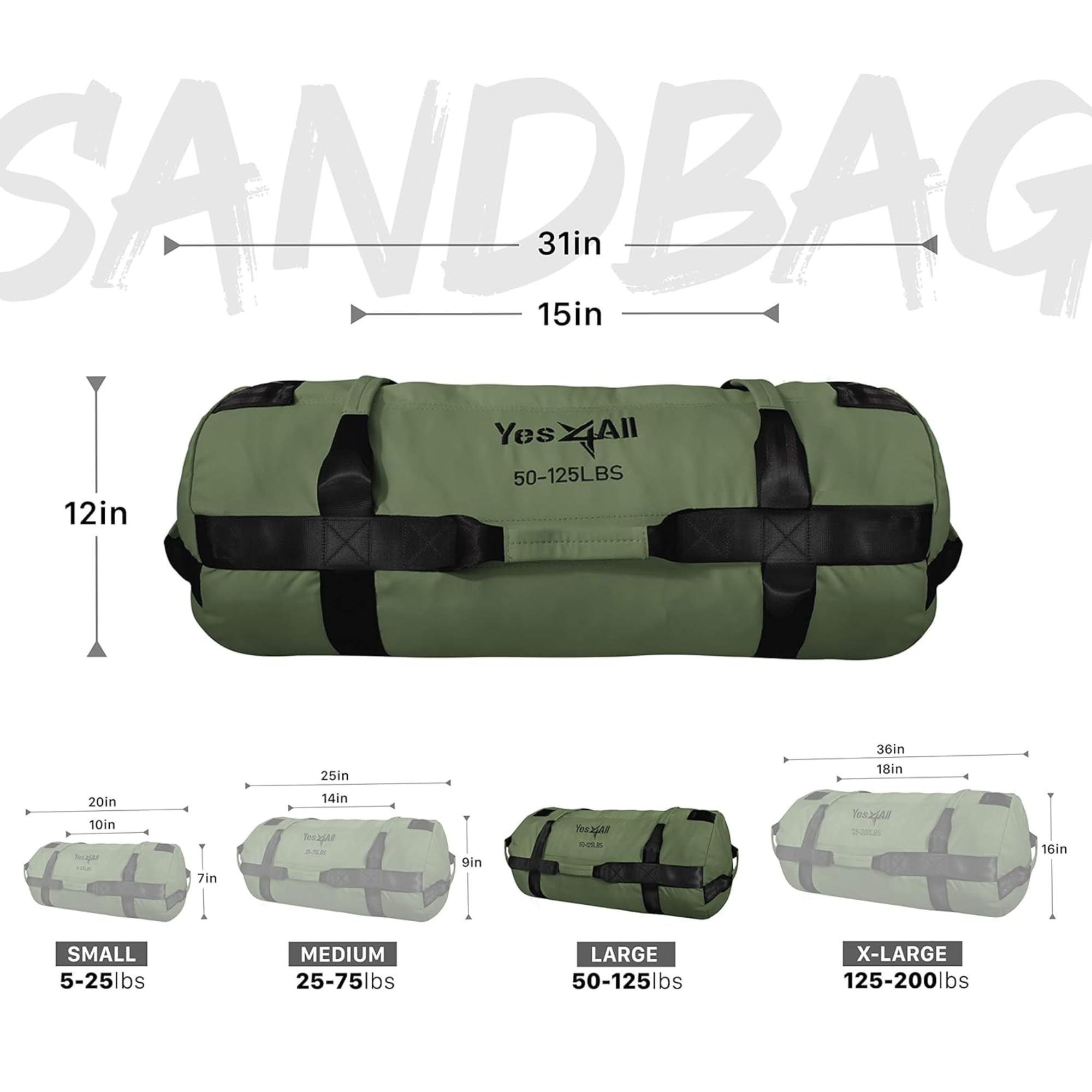 Yes4All Workout Sandbags, Heavy Duty Sandbags - Army Green - L - Image 5