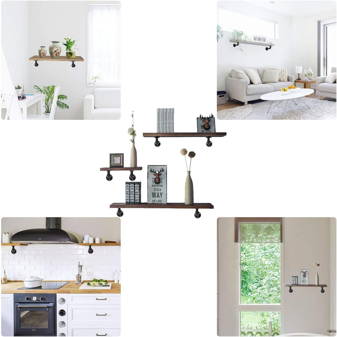 EQUASON Set of 6 Industrial Iron Rustic Pipe Custom Floating Shelves DIY Shelf Brackets Black Hardware Included: Home Improvement