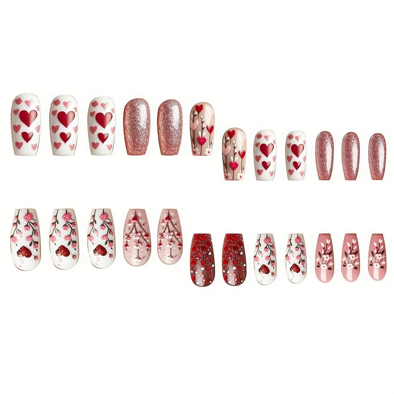 24 Pcs Valentines Glitter Press on Nails Glossy Fake Nails Red Heart and Flowers Design Medium Coffin False Nails Sparkly Full Cover Stick on Nails Valentines Nails for Women DIY Manicure Decor - Image 5