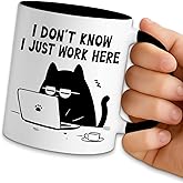 NAHMAKNE Funny Black Cat Coffee Mug, I Don't Know I Just Work Here, 11oz Ceramic Coffee Tea Cup, Office Sarcastic Gifts for Women Men, Christmas Birthday Gifts for Colleague Boss Friend Cat Lovers
