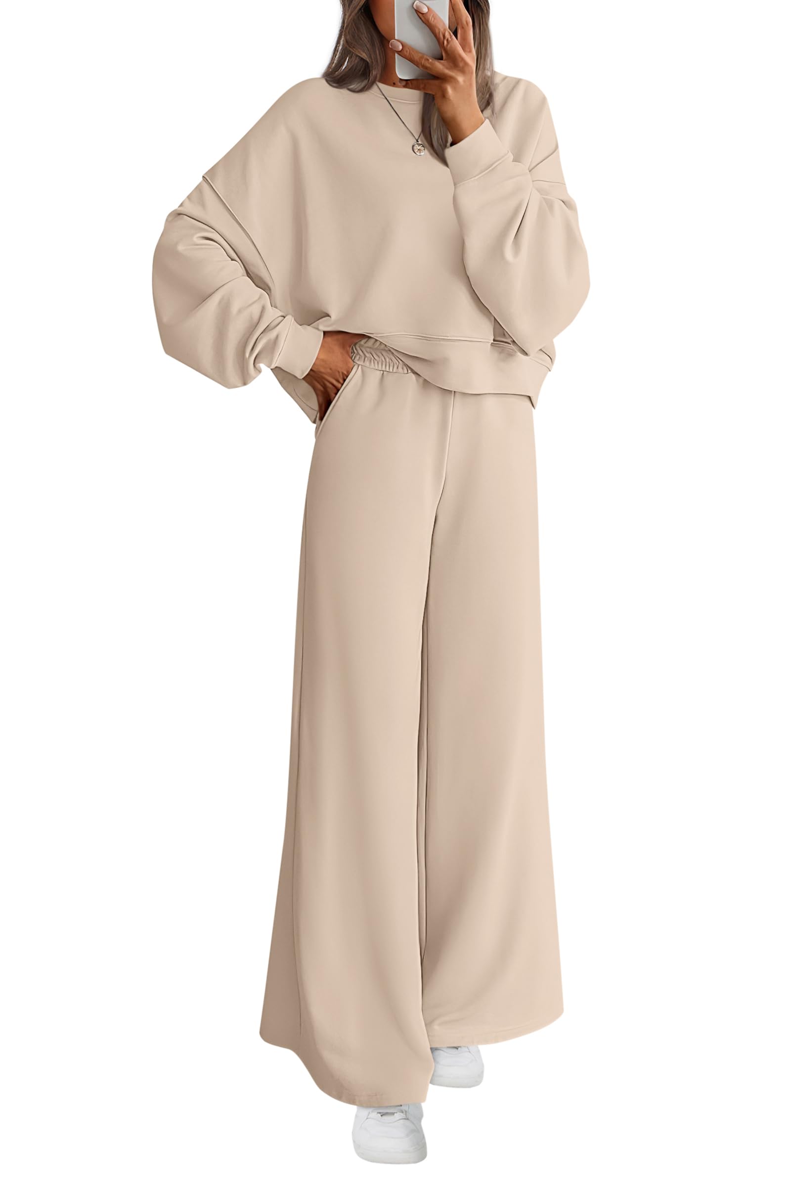 Photo 1 of ****HAS STAIN**** PRETTYGARDEN Women 2 Piece Outfits 2025 Fall Sweatsuits Crewneck Sweatshirt Wide Leg Sweatpants Lounge Sets Tracksuit(Beige,Medium)