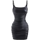 winkbay Women's Leather Mini Dress Ruched Scoop Neck Bodycon Party Club Dresses Streetwear