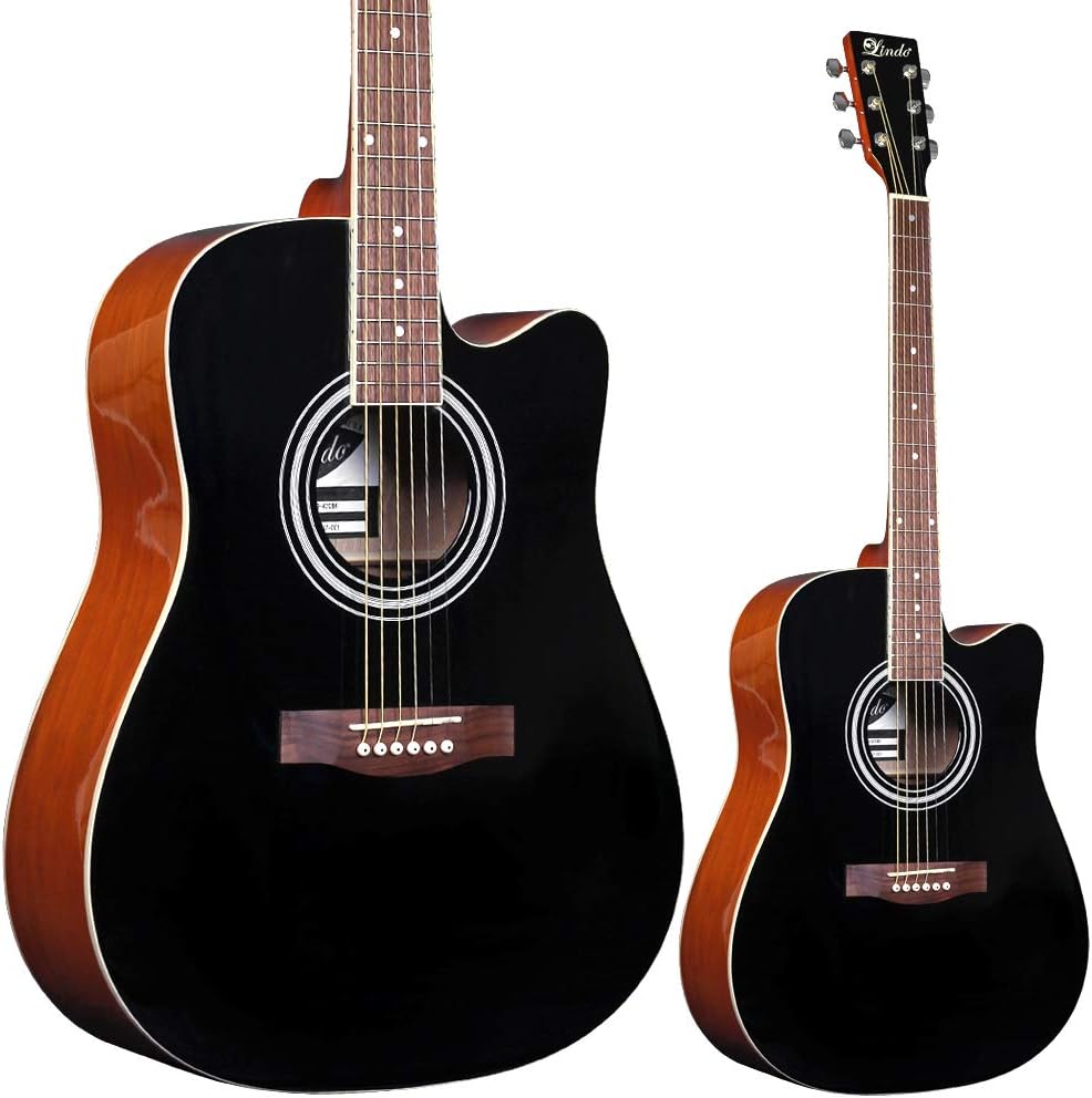 Lindo 42C Black High Gloss and Hand Selected Catalpa Wood Acoustic Guitar and Gig Bag (Each Guitar a Unique and Beautiful Woodgrain)