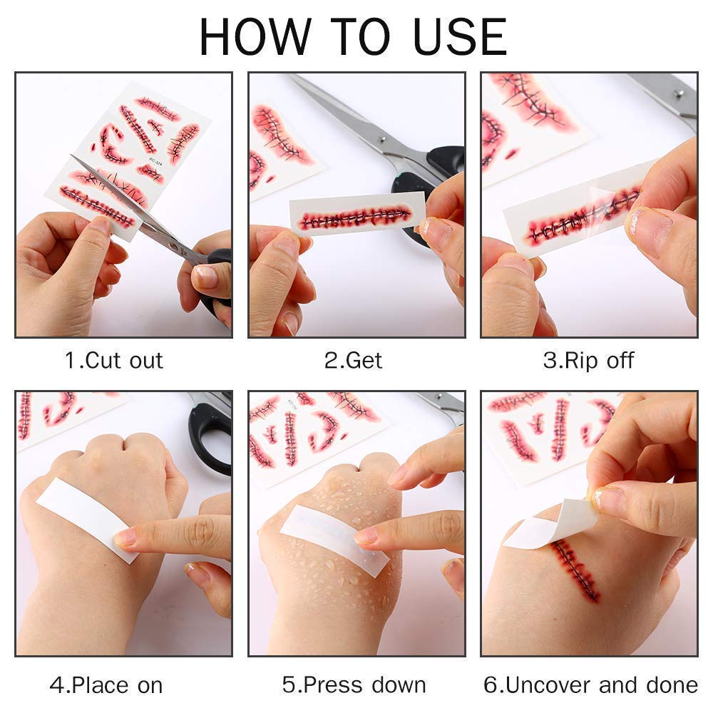 12pcs Halloween Temporary Tattoos Scar Fake Wound Blood Bleeding Spider Tattoo Stickers for Halloween Party Zombies CosPlay Costume