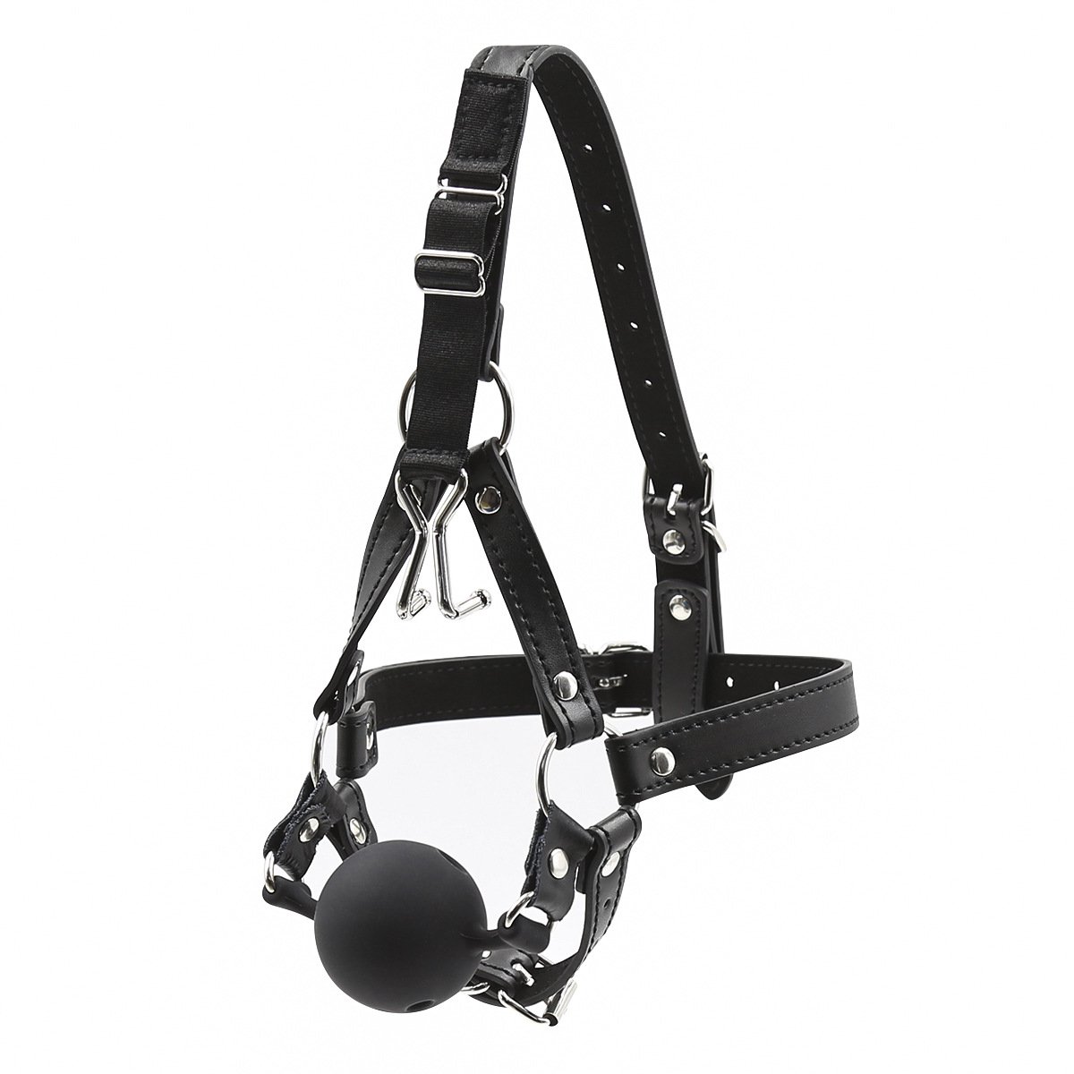 Hxiu Black Mouth Ball Harness Type Leather Belt Soft Silicone Mouth Plug (Black-A)
