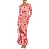 ZESICA Women's Spring Floral Wedding Guest Bodycon Dresses 2026 Long Sleeve Crewneck Mesh Ruffle Mermaid Party Maxi Dress