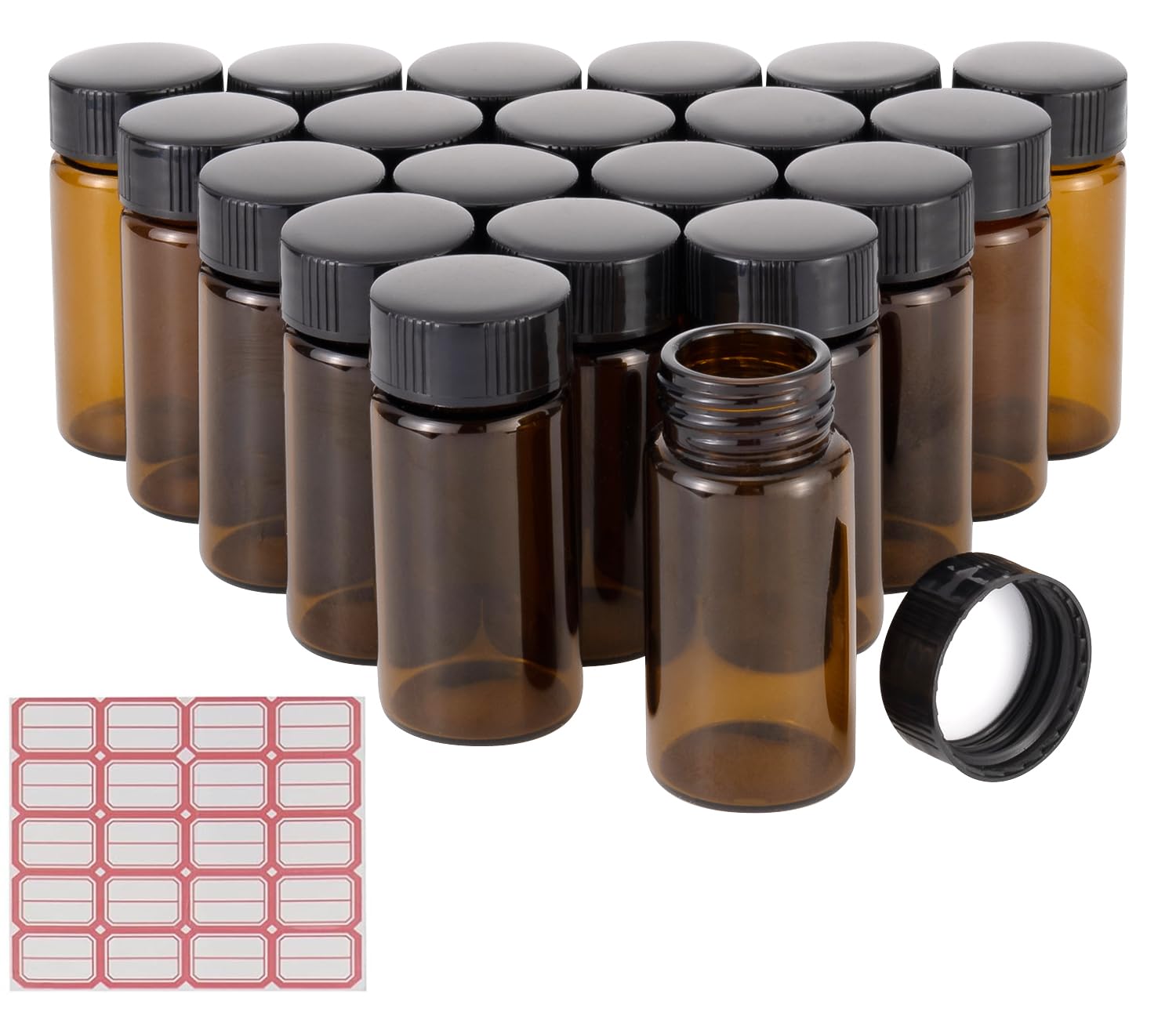 Pxyelec 20 Pack Set 20 ML Brown Screw Cap Glass Bottle for Essential Oils, Perfumes and Oil Blends Comes with Red Handwritten Sticker Paper