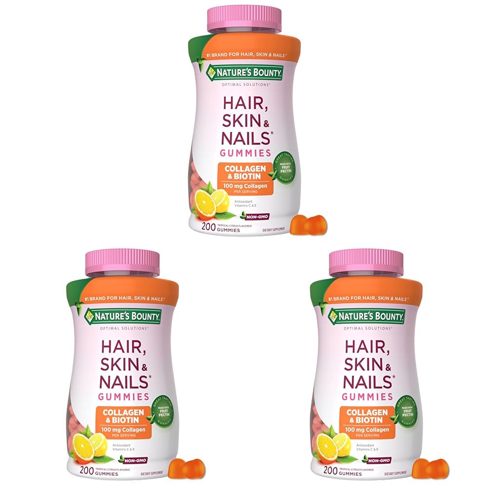 Nature's Bounty Optimal Solutions Hair, Skin and Nails Collagen Pectin Gummies, 100 mg Collagen and 2,500 mcg Biotin Per Serving, No Stick Gummy, Tropical Citrus Flavor, 200 ct, 100 Total Servings Image