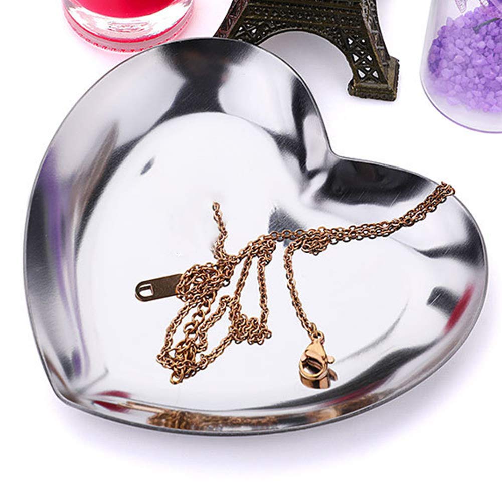 UIYU Heart Shaped Jewellery Organizer, Mini Stainless Steel Jewelry Storage Tray Metal Serving Tray Trinket Jewelry Organizer Plate for Ring Necklace, Small Jewelry, Hand Towels Makeup Perfume(Silver)