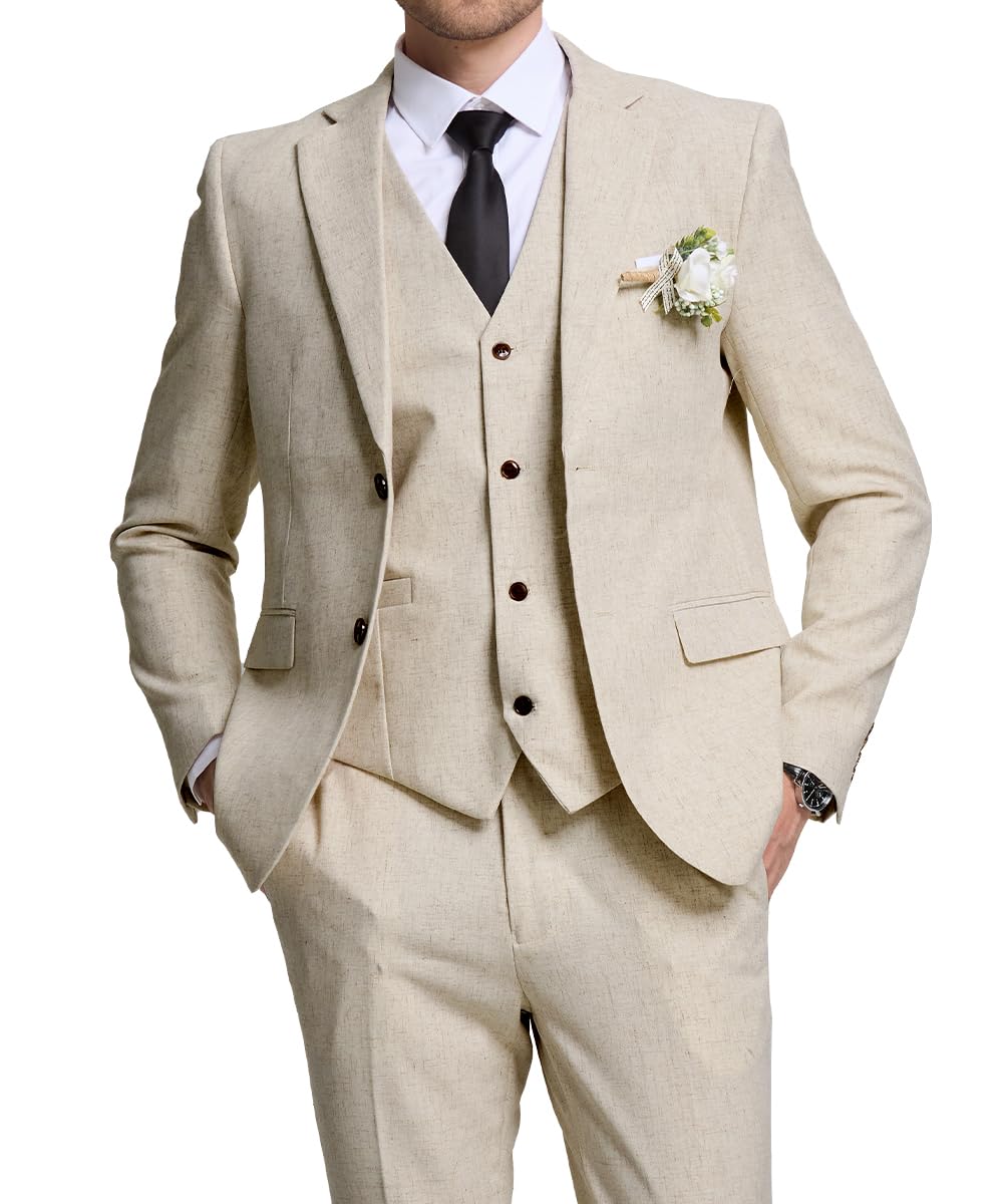 Photo 1 of 3 Piece Men's Linen Suit,Slim Fit Suits Set for Men Two Buttons Grooms Suits for Summer Beach Wedding,Beige,L