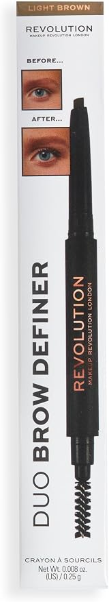 Makeup Revolution Duo Brow Definer Pencil Light Brown Cruelty Free Brush view 1