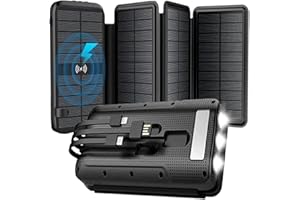 superallure Solar Charger, Power Bank, Portable Charger,43800mAh QC3.0 Fast Charger Qi 10W Wireless Charger 4 Solar Panel Built-in 2 Kinds Output Cable and 680Lumen flashlights