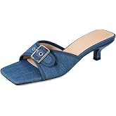 VORTACOYD Women's Denim Kitten Heel Slide Sandals Fashion Square Open Toe Backless Adjustable Metal Buckle Slip on Low Heel Sandals for Party Prom Date