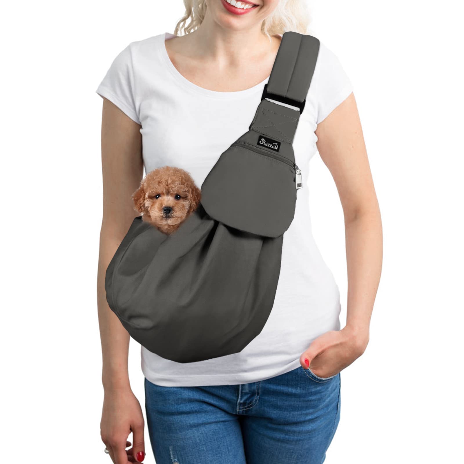 Photo 1 of SlowTon Dog Carrier Sling - Thick Padded Shoulder Strap Adjustable Dog Carriers for Small Dogs, Puppy Carrier Purse for Pet Cat with Front Zipper Pocket Safety Belt Machine Washable (Gray, XS)