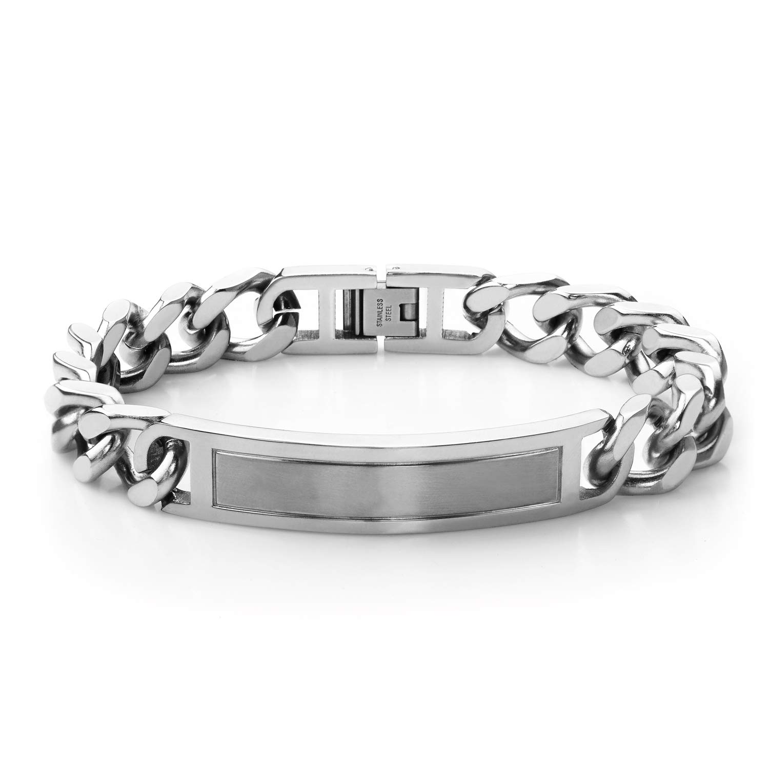 555Jewelry Mens Stainless Steel Metal Bar Plate Tag Cuban Link Curb Adjustable Jewelry Fashion Accessory Wristband Chain ID Bangle Bracelet, Silver 9 Inch