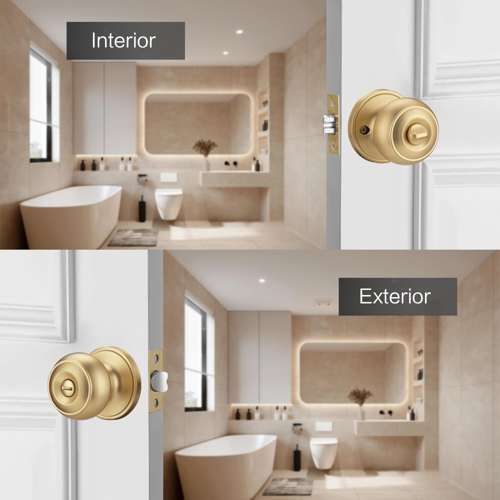 NCSEN 3 Pack Gold Door Knobs for Privacy, Brass Knob Interior Bath...