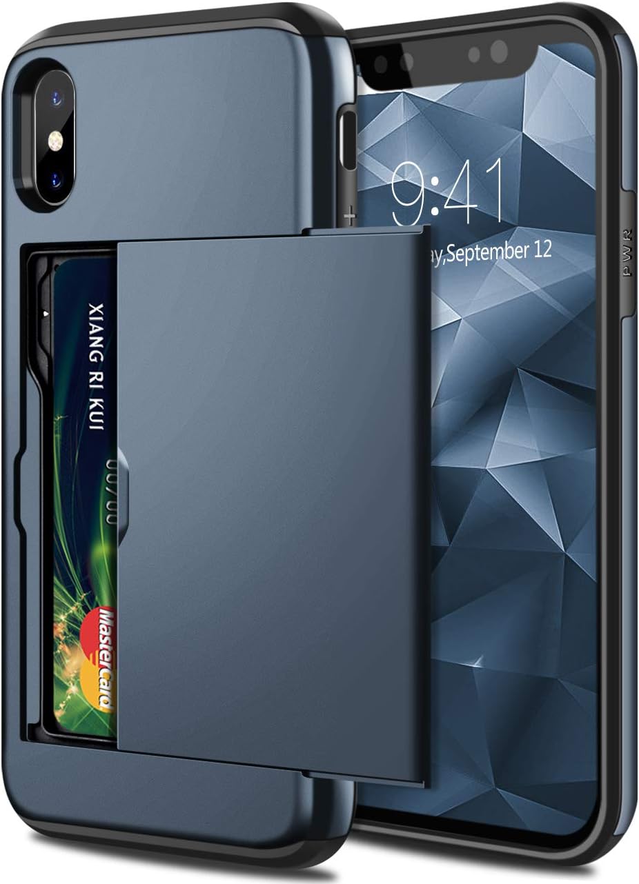 SAMONPOW Wallet Case for iPhone Xs Max,Heavy Duty Protection iPhone Xs Max Case with Card Holder Shockproof Hard PC Bumper Soft TPU Rubber Inner Cover for iPhone Xs Max (2018) 6.5 inch Dark Blue