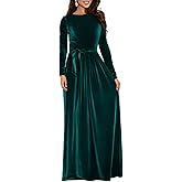 BestGirl Women's Velvet Maxi Dress Crew Neck Long Sleeve High Waist with Belt Cocktail Party Bridesmaid Dresses