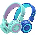 iClever [2 Pack BTH02 Kids Bluetooth Headphones for School with MIC, 85dBA Volume Protection, Adjustable Foldable,for iPad/Tablet/Airplane, Green/Blue