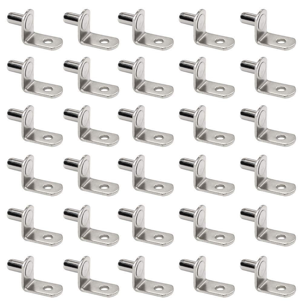 30 Pieces 5mm Bracket Style Cabinet Shelf Pins with Hole 4mm Hole Shelf Support Pegs L-Shaped Hardware Heavy Duty Shelf Support Pins for Kitchen Cabinet Furniture Book Shelves, Silver-Tone