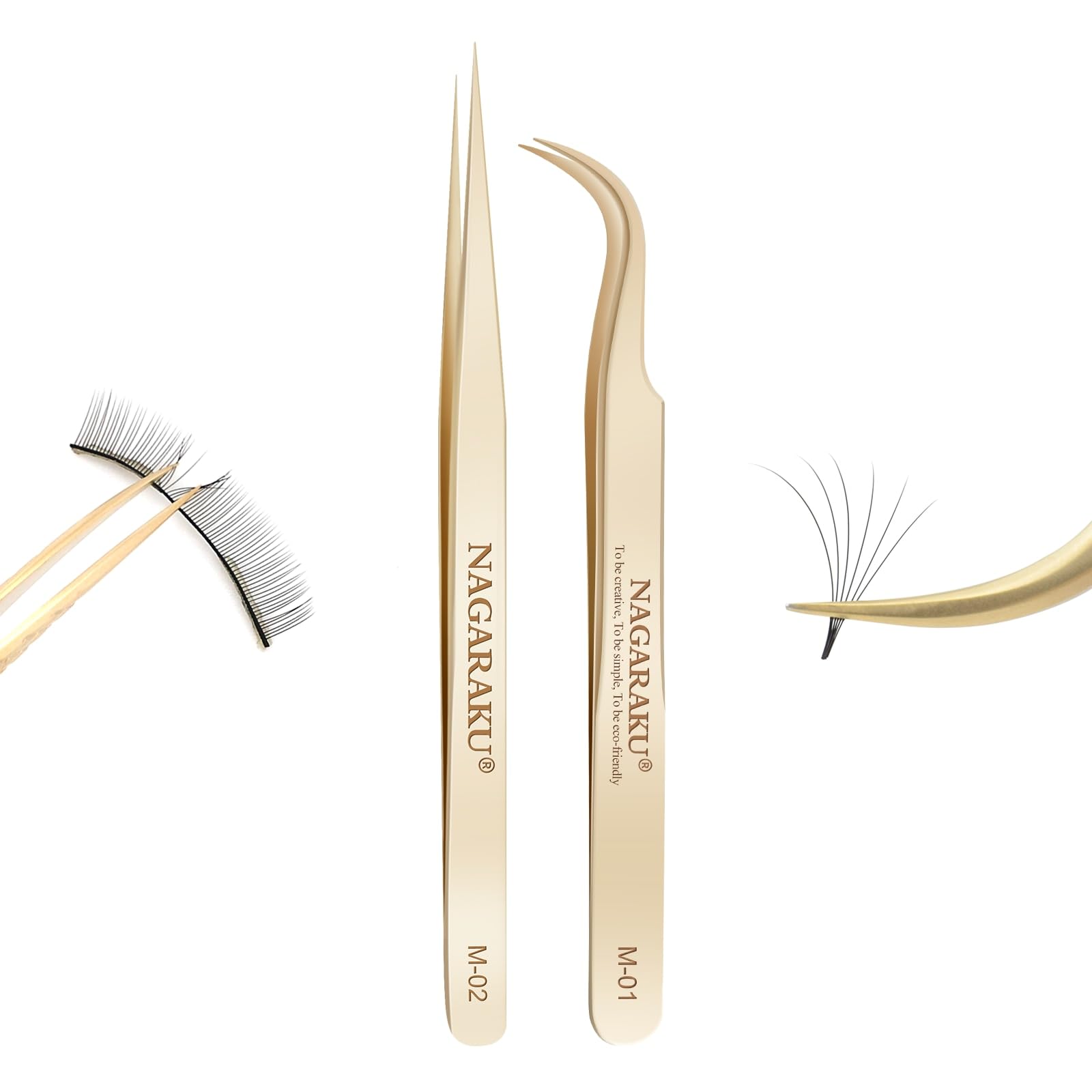 NAGARAKU Tweezers for Eyelash Extensions Straight and Curved Precision Professional Volume Easy Fanning lash Precise Point 1 Pair Tweezers for Lash(M-01 & M-02)
