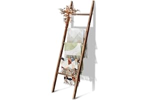 Delywh 5-Tier Blanket Ladder Wooden, 160CM Blanket Quilt Holder Rack Decorative Ladder, Easy Assembly, Rustic Farmhouse Ladde
