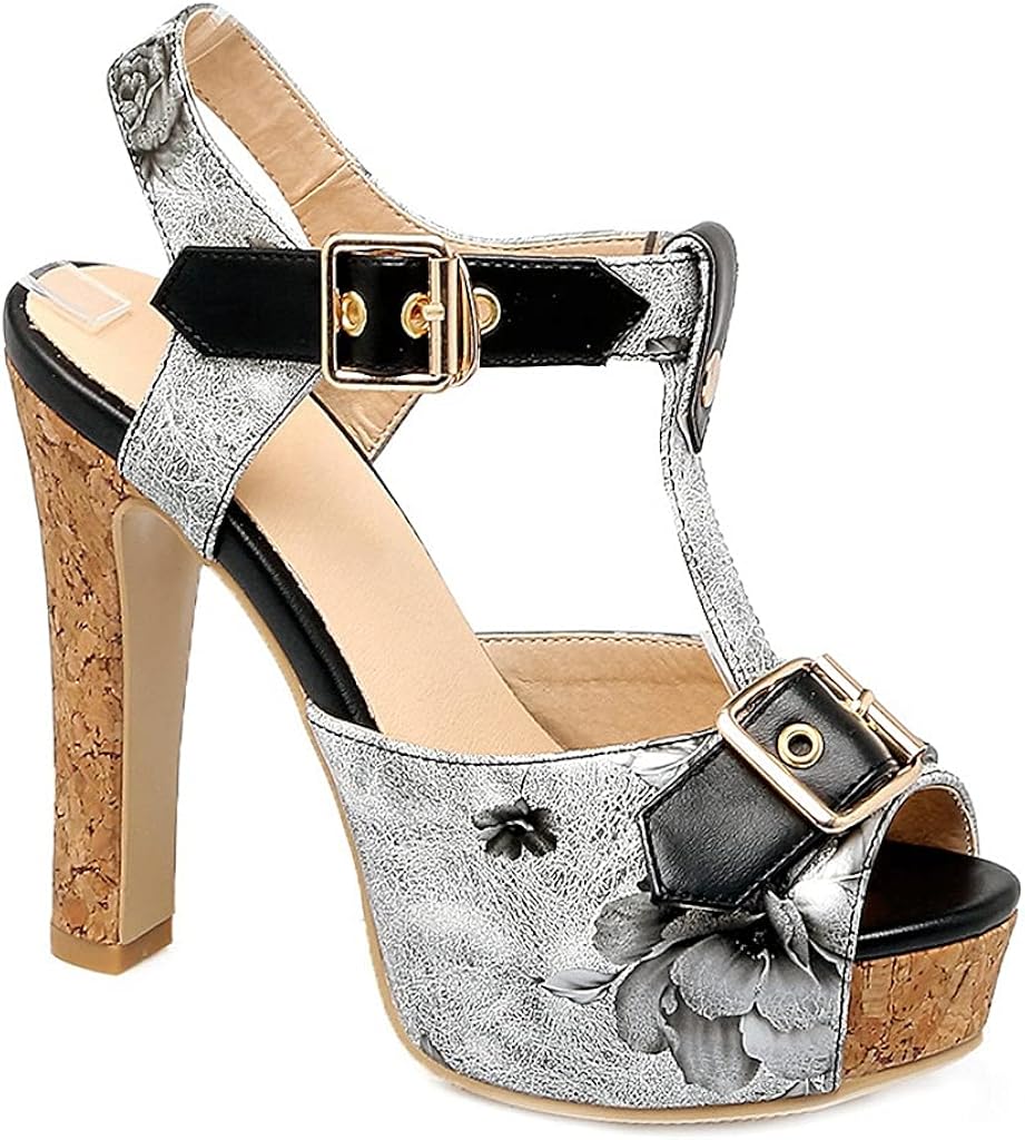 Amazon.com | JOEUY Women's Floral Platform Chunky Block Heel Sandals Peep Toe T-Strap Buckle 