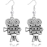 Dreuyet Movie Camera Pearl Earrings for Women Personalized Classic Retro Silver Cinema Projector Dangle Drop Statement Earrings Film Director 80S Jewelry Gifts