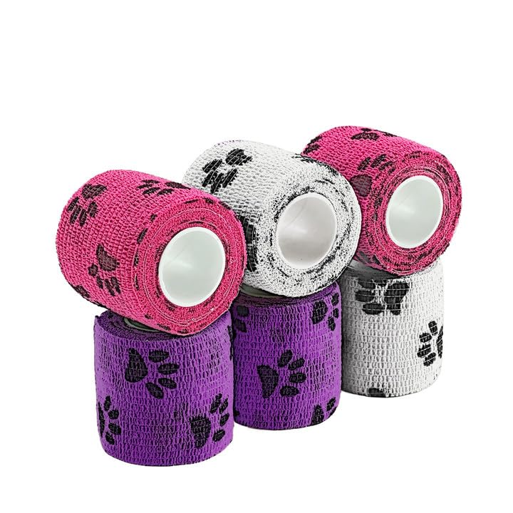 Photo 1 of WePet Pet Wrap, Self-Adhesive, Only Sticks to Itself, Non-Woven Tape for Dog Legs, Paws, Wounds, First Aid Cohesive Gauze for Horse, Cat, Bird, Animal, 6 Rolls, 2 Inch, Pawprints B