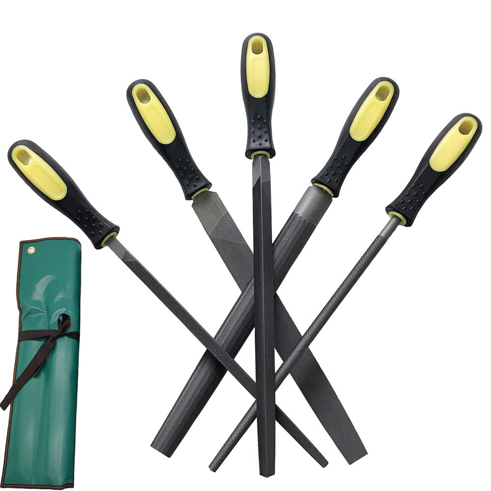 YCAMMIN 10 Inch Premium Grade High Carbon Hardened Steel File Set/Comfortable Rubber Hand Grip Handles/Best for Shaping Wood/Leather/Metal & Sharpening Tools(5 Pcs)(Steel File, 10''Steel File)