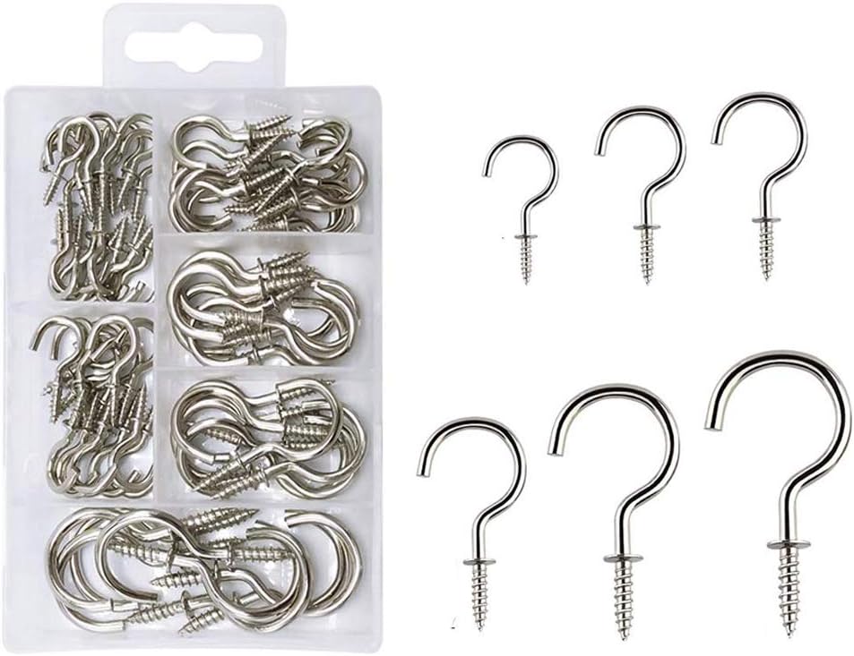 Homkeen 90 Pcs Screw-in Hooks 6 Sizes Cup Hooks Ceiling Hook Kit for Kitchen