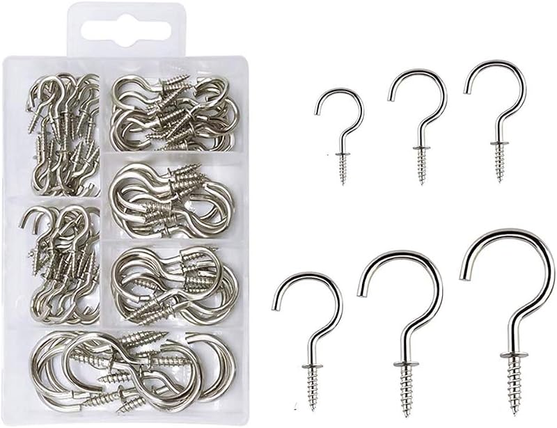 Homkeen 90 Pcs Screw-in Hooks 6 Sizes Cup Hooks Ceiling Hook Kit for Kitchen