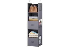 YOUDENOVA Hanging Closet Organizer, 5 Tier Hanging Closet Shelves with 6 Side Pockets and 2 Drawers, Grey