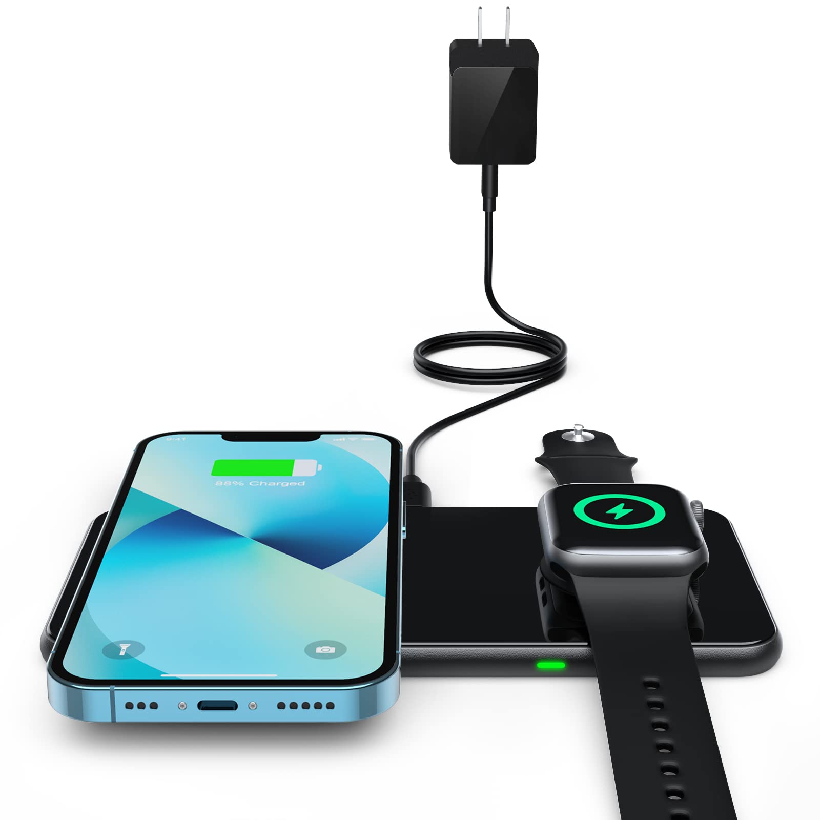 Photo 1 of 2 in 1 Wireless Charger, 15W Dual Wireless Charging Pad for iPhone 15/15 Pro/14/14 Pro/13/13 Pro/12/12 Pro/11/X, Samsung S23/S22/S21, Airpods 3/2/Pro, iWatch 8/7/6/SE/5/4/3/2(with QC 3.0 Adapter)
