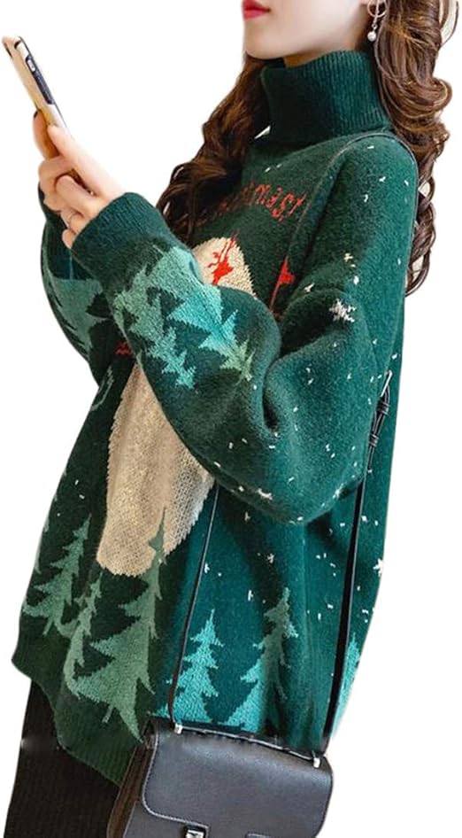 Amazon Yyq Shop セーター レディース ニット タートルネック トップス 長袖 ゆったり プルオーバー 厚手 プリント柄 ニット セーター クリスマス 可愛い 冬物 ファッション Freesizeグリーン セーター 通販