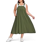 Moon Wood Plus Size Cotton Overall Dress for Women Adjustable Strap Jumper Dress with Pockets Casual A-Line Maxi Dress