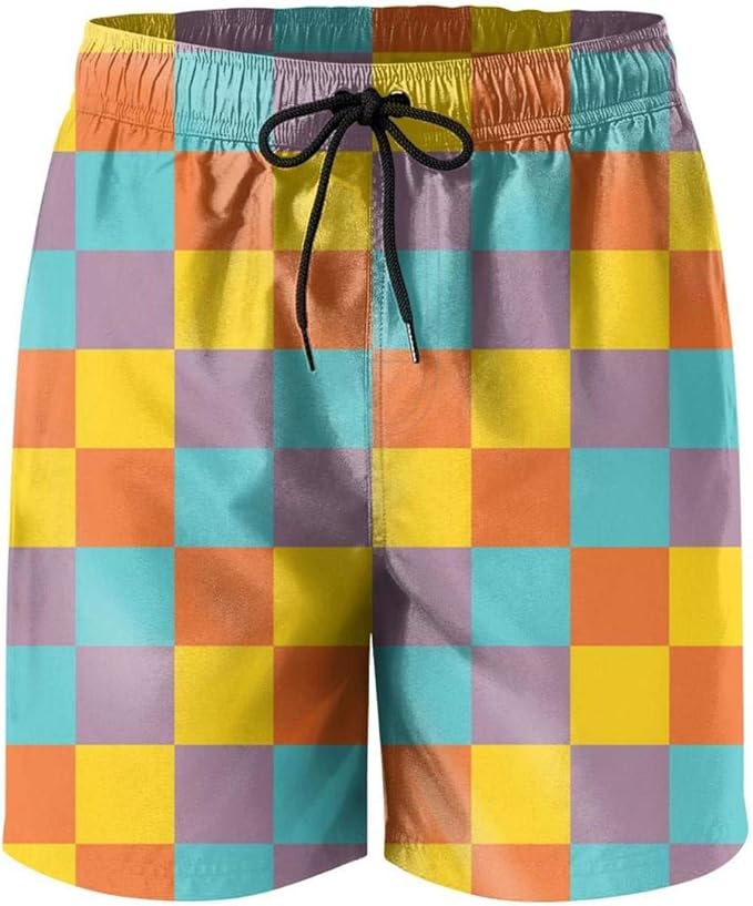 Popular Vintage Checkered Colorful Men's Swim Trunks Quick Dry Holiday Mesh Lining Swimwear with