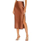 Women's Satin Midi Skirt Elegant Classy Elastic Waist A Line Silk Skirt with Slit
