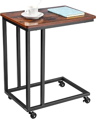 Table d'appoint mobile en forme de C, bouts de canapé avec cadre en métal et roulettes, support d'extrémité portable 500 x 350 x 605 mm, table basse pour salon, chambre à coucher, bureau, marron