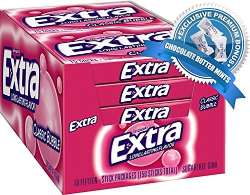Wrigley's Extra Classic Bubble Gum, Sugar Free Chewing Gum, 15 Pieces Slim Pack (Pack of 10), Bonus INFINITY Chocolate Mints