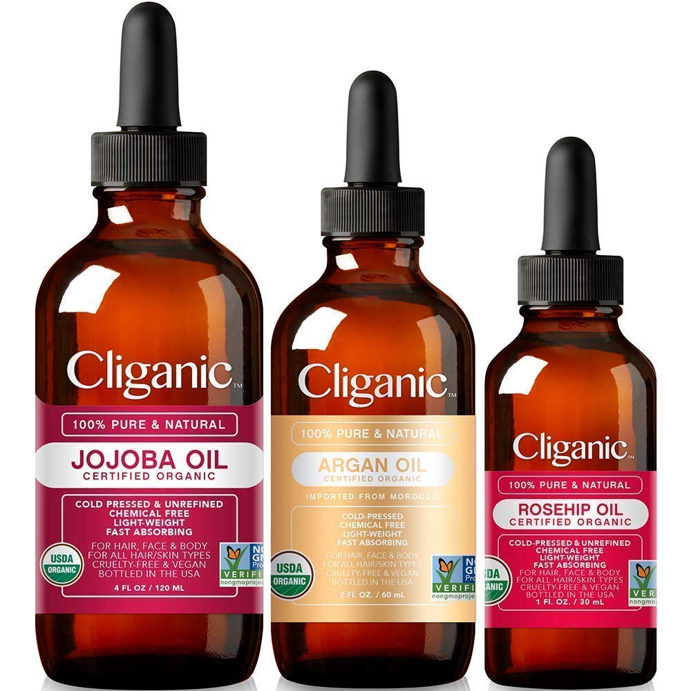 Cliganic Organic Nature’s Glow Oils Trio: Jojoba, Argan & Rosehip - For Face, Hair & Body