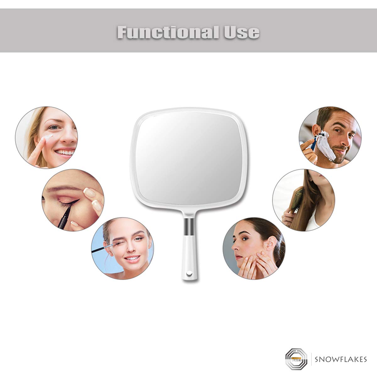 Snowflakes Large Hand Mirror with Handle-Hang Handheld Mirror Hairdresser Mirror.(White)