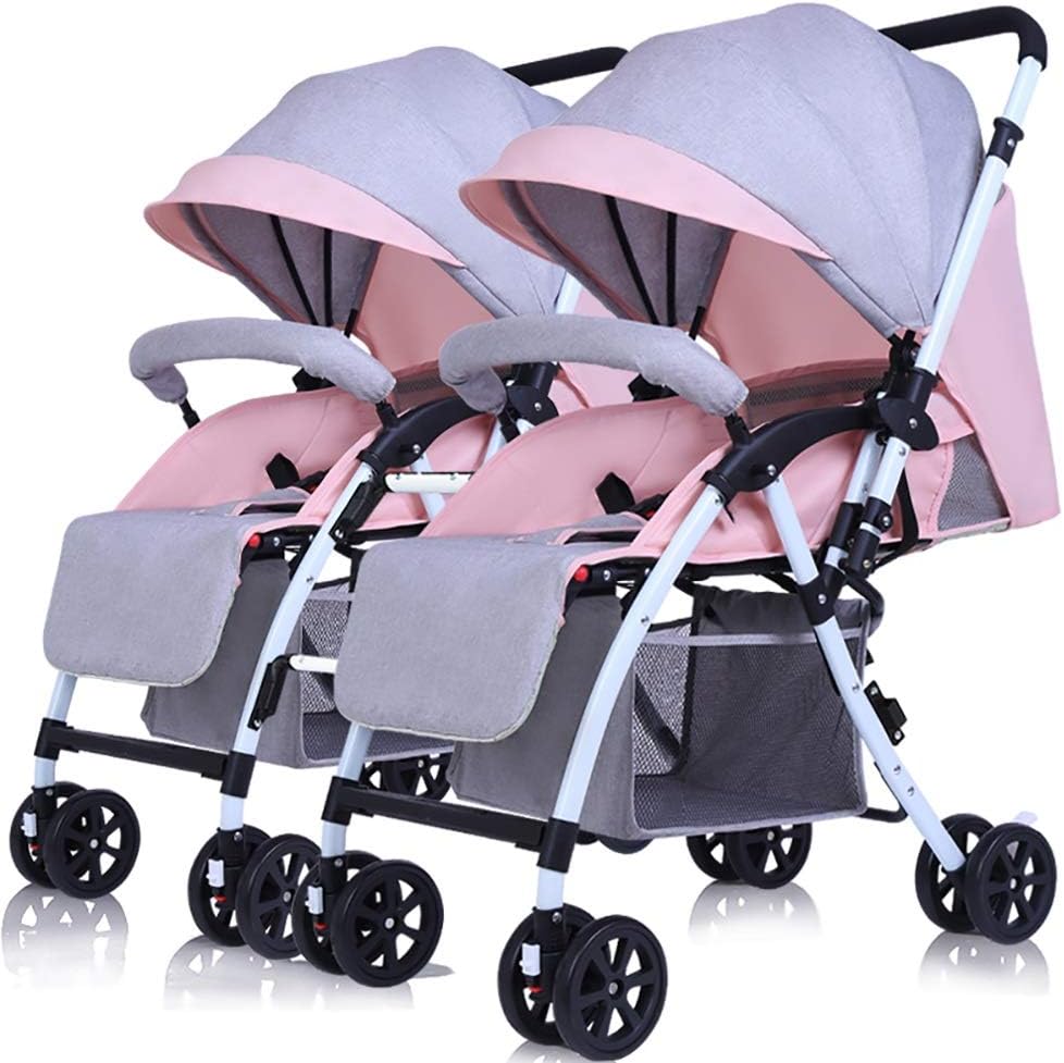 Twin Baby Stroller Detachable Can Sit and Lie Down Lightweight Foldable Double Trolley Linen Handle Reversible -by Virtpers (Color : Linen Pink)
