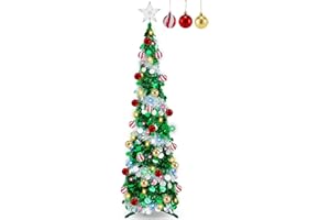 COUAH 5 Ft Pop Up Tinsel Christmas Tree with 60 Warm White & Multi Color Change Lights, Glitter Prelit Pencil Christmas Tree with Timer 18 Ball Ornaments for Xmas Tree Home Indoor Decoration (Green Sliver)