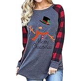 Women's This is My Christmas Movies Watching Shirt Long Sleeve Raglan Snowman T-Shirt Plaid Splicing Tops