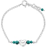 925 Sterling Silver Gemstone Bracelet - 3mm Gemstone Round Beads with Heart Silver Charm - 16-18cm Length - Gemstone Jewelry for Women - Perfect for Gifting and Jewelry Making
